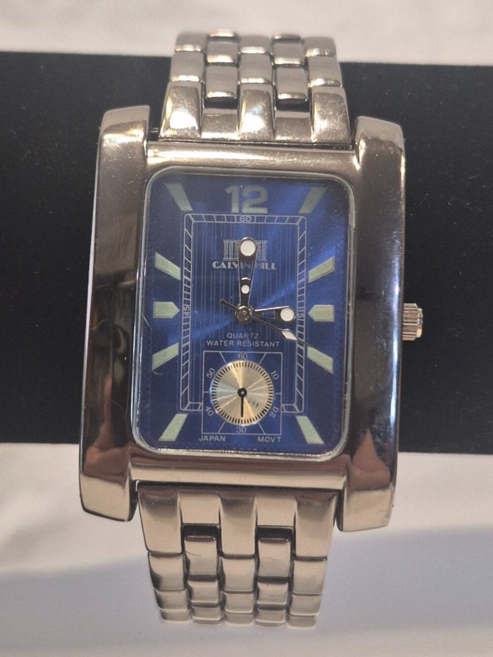 Calvin Hill Men's Stainless Steel Rectangle Blue Face Watch